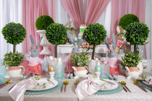 Easter pink and green decoration with lantern and candle chandeliers