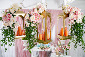 Easter pink flowers orange candle chandeliers