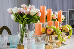 pink flowers candles fruits glasses