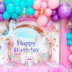 Unicorn birthday theme with pink blue purple balloons and unicorn