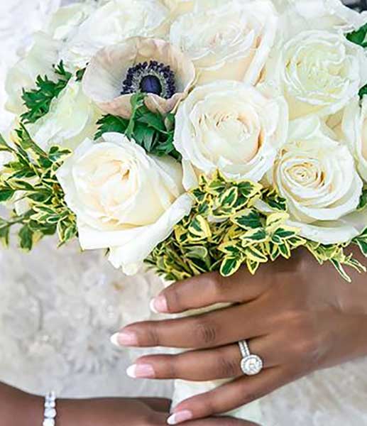 white bride flowers, wedding ring, jewellery