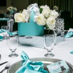 Bridal shower white flowers, teal theme table
