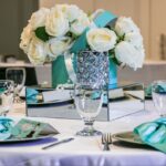 bridal shower table set up cyan and white