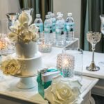 bridal shower cake with flowers, teal and blue theme