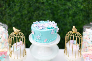 butterfly theme blue cake with pink butterflies