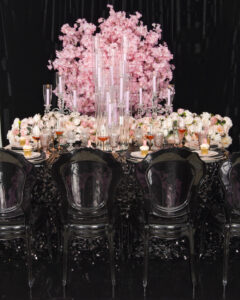 Glam night pink flowers champaign glasses, cupcakes table