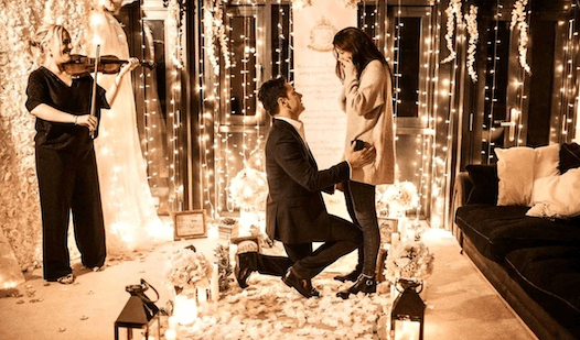 home proposal, getting on a knee, fairy lights, music , candle flowers